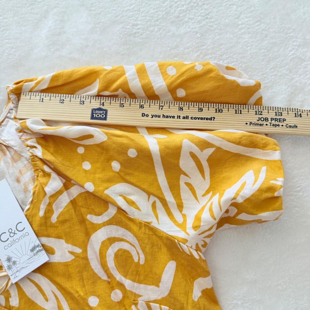 C&C California Linen Bld Tropical Tie Front Blouse Puff Sleeve Yellow Small NWT - Picture 6 of 11